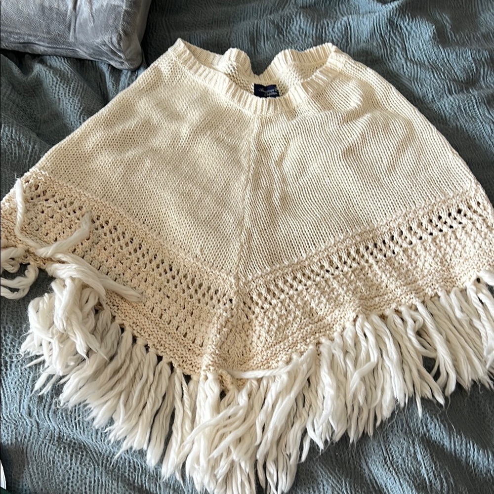 American Eagle Cream Crochet Fringe Poncho Sweater